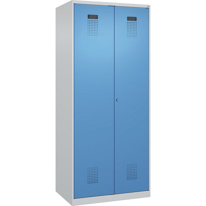 Evolo PLUS clean and dirty locker, 1 compartment, shortened centre divider, light grey / light blue, W 800 mm, with floor glides, cylinder lock.