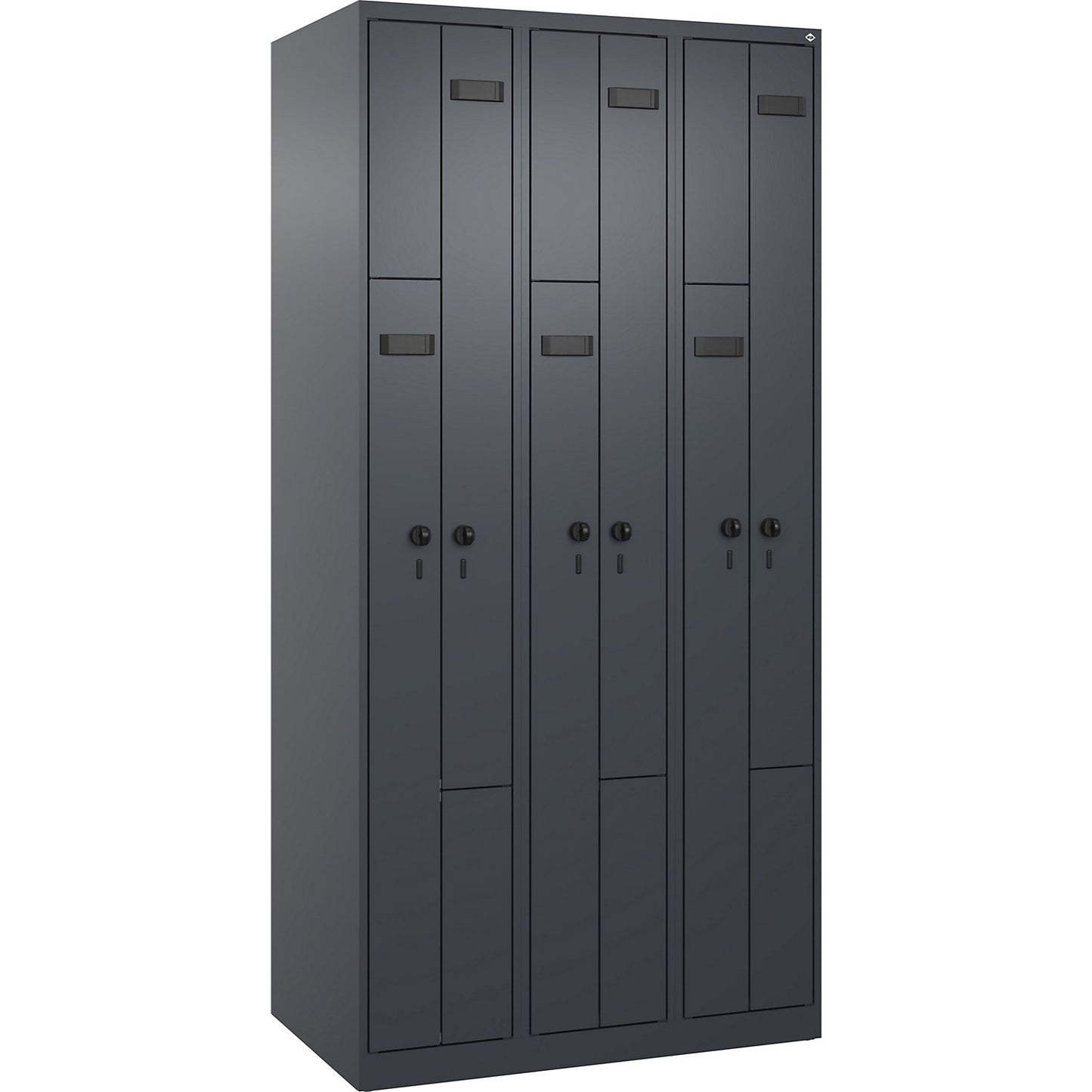 Evolo PLUS Z-locker, 3 compartments, grey, W 900 mm, 6 compartments, with floor glides, security rotary bolt.
