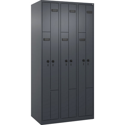 Evolo PLUS Z-locker, 3 compartments, grey, W 900 mm, 6 compartments, with floor glides, security rotary bolt.