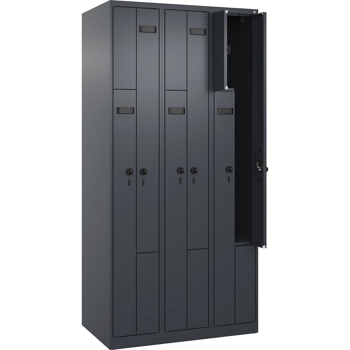 Evolo PLUS Z-locker, 3 compartments, grey, W 900 mm, 6 compartments, with floor glides, security rotary bolt.