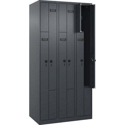 Evolo PLUS Z-locker, 3 compartments, grey, W 900 mm, 6 compartments, with floor glides, security rotary bolt.