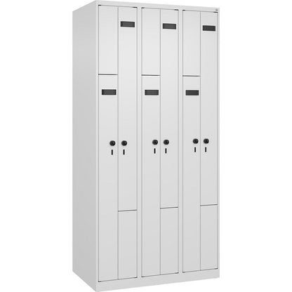 Evolo PLUS Z-locker, 3 compartments, white, W 900 mm, 6 compartments, with floor glides, security rotary bolt.
