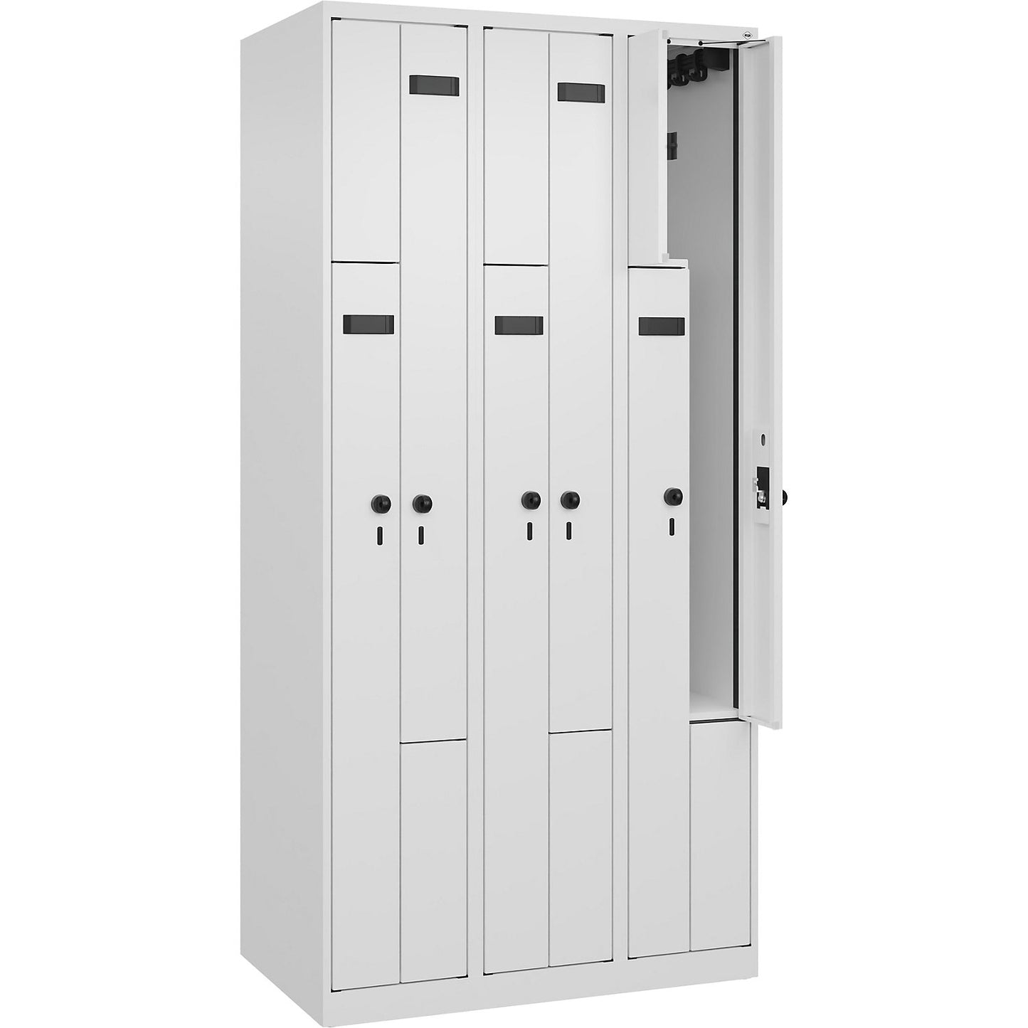 Evolo PLUS Z-locker, 3 compartments, white, W 900 mm, 6 compartments, with floor glides, security rotary bolt.