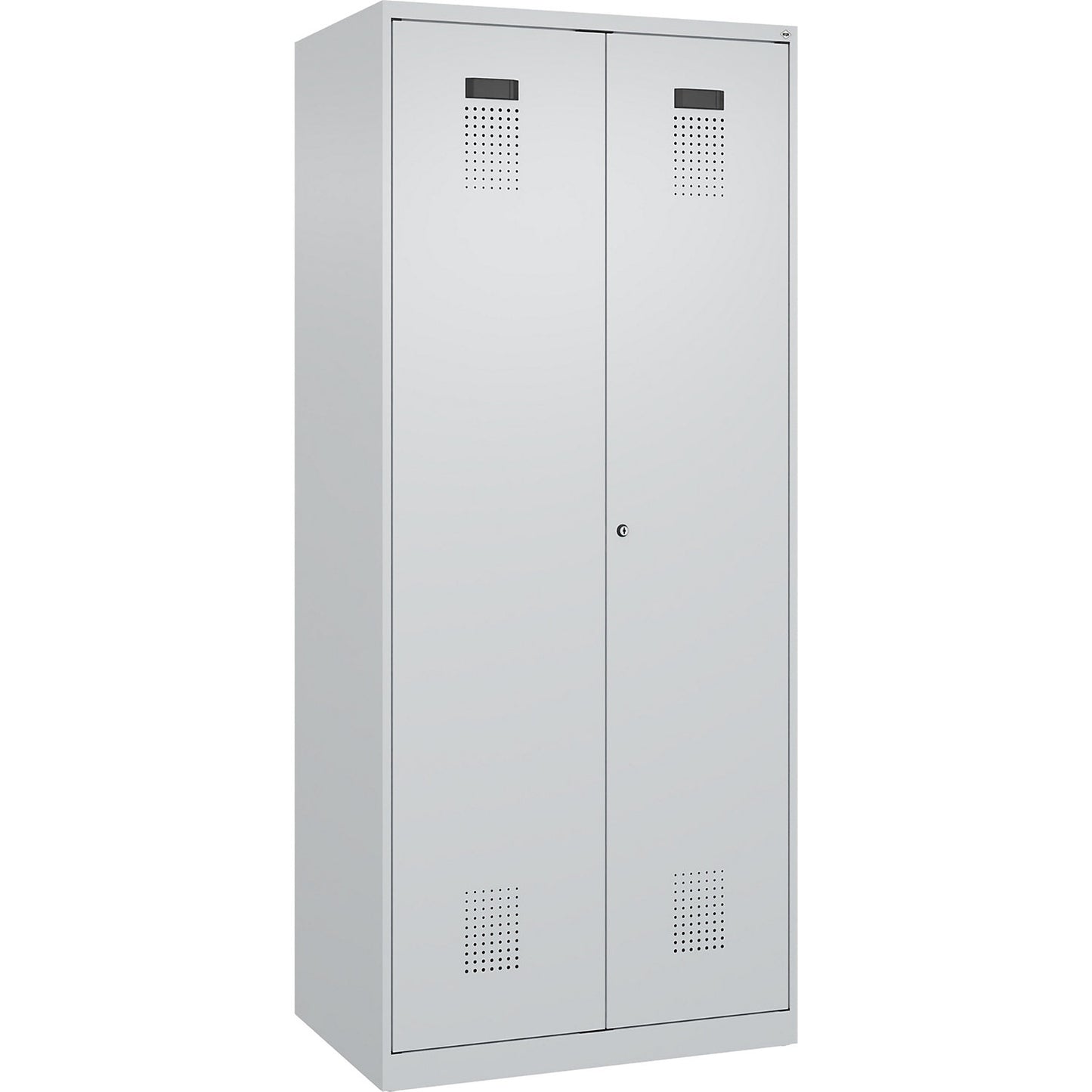 Evolo PLUS clean and dirty locker, 1 compartment, shortened centre divider, light grey, W 800 mm, with floor glides, cylinder lock.