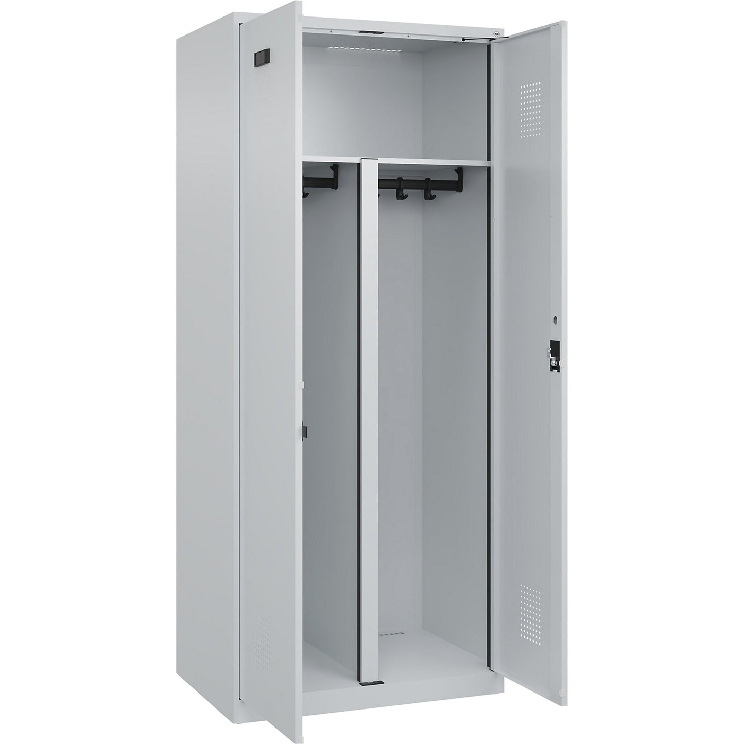 Evolo PLUS clean and dirty locker, 1 compartment, shortened centre divider, light grey, W 800 mm, with floor glides, cylinder lock.