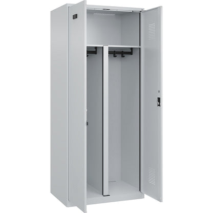Evolo PLUS clean and dirty locker, 1 compartment, shortened centre divider, light grey, W 800 mm, with floor glides, cylinder lock.