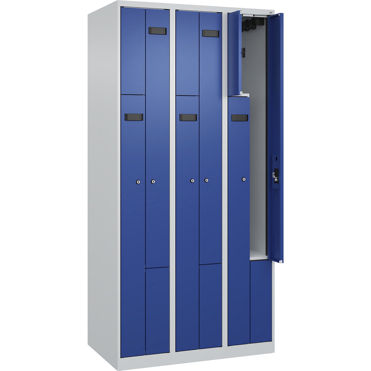 Evolo PLUS Z-locker, 3 compartments, light grey / gentian blue, W 900 mm, 6 compartments, with floor glides, cylinder lock.