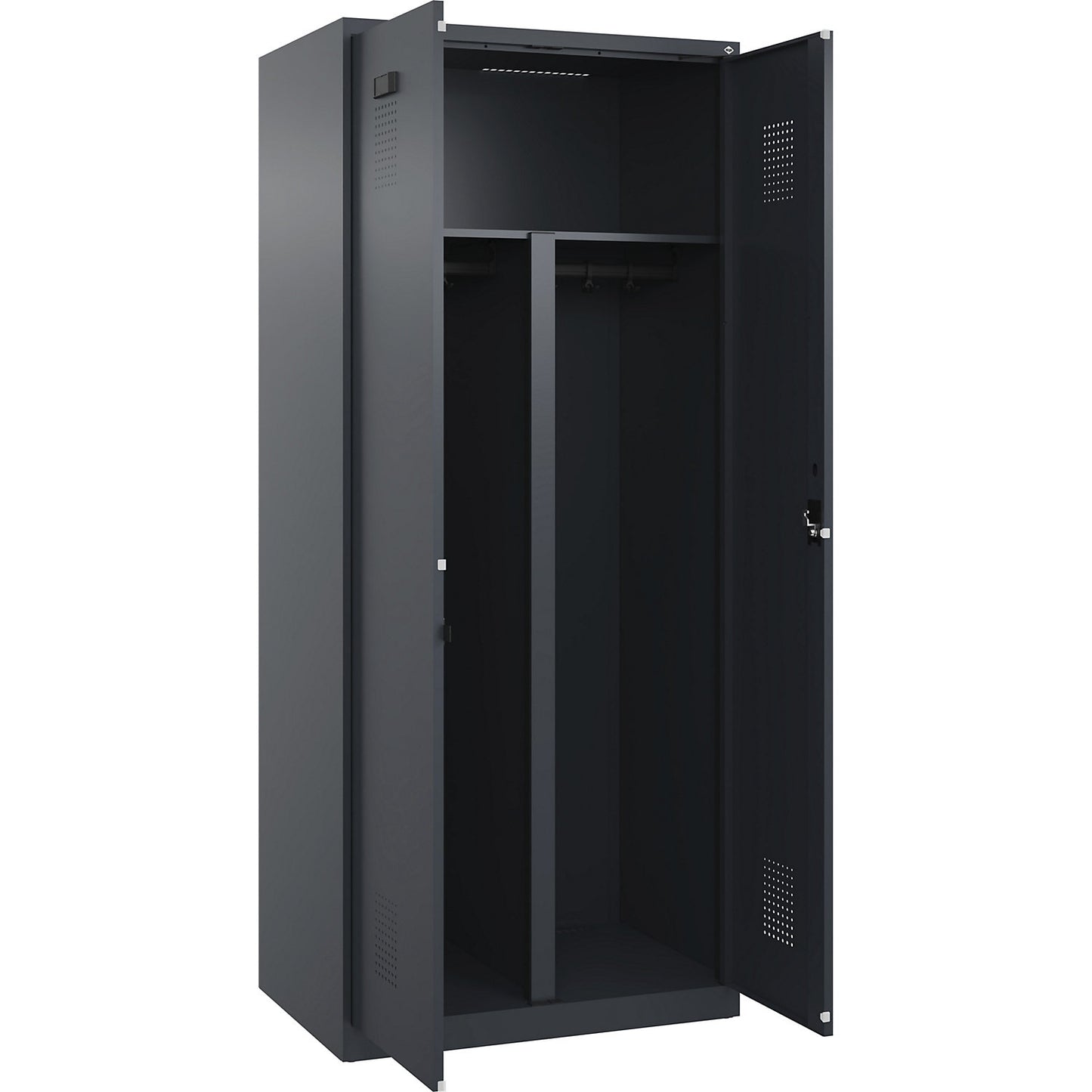 Evolo PLUS clean and dirty locker, 1 compartment, shortened centre divider, grey, W 800 mm, with floor glides, cylinder lock.