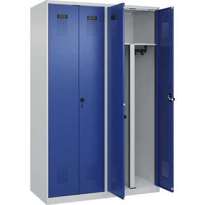 Evolo PLUS clean and dirty locker, 2 compartments, shortened centre divider, light grey / gentian blue, W 1200 mm, with floor glides, security rotary bolt.