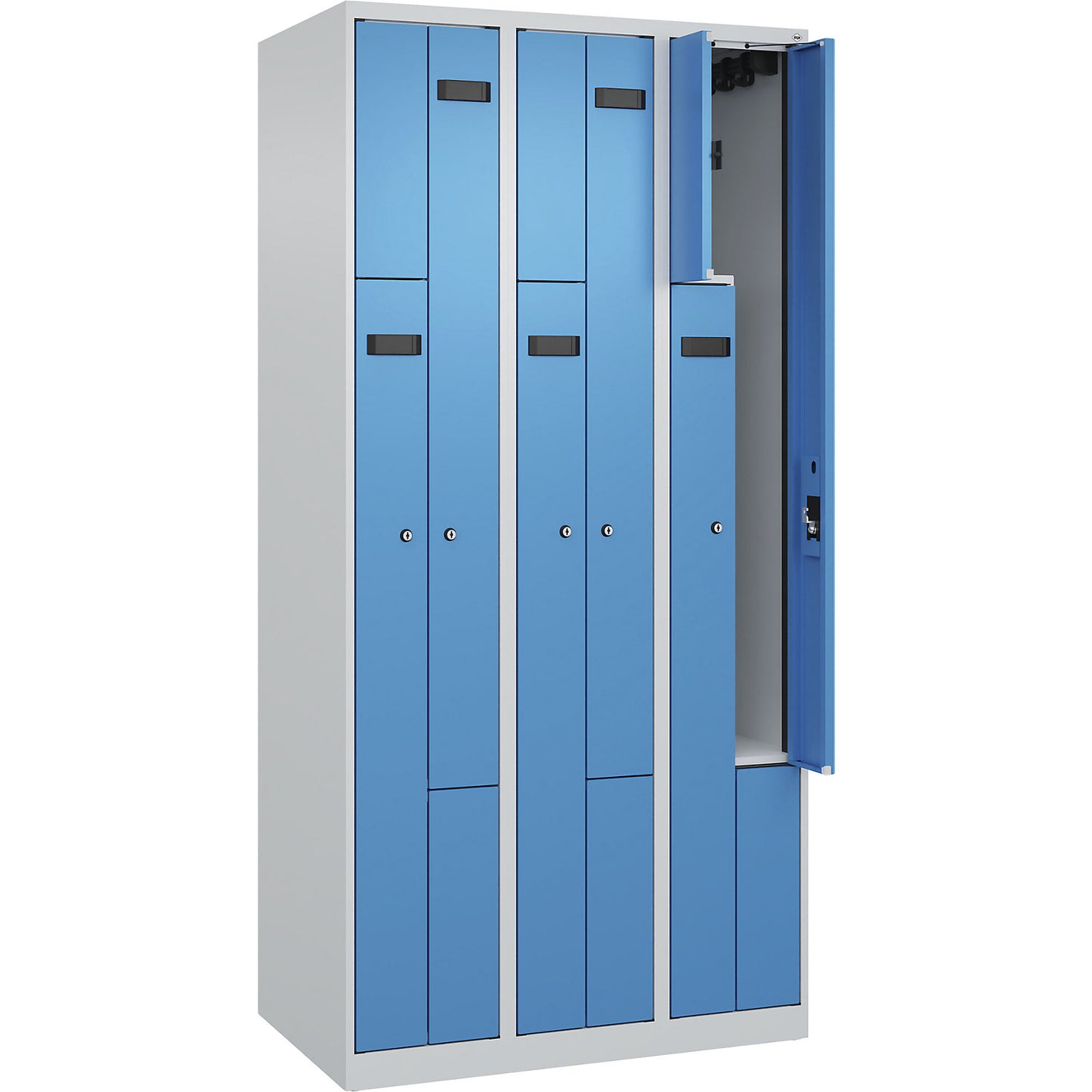 Evolo PLUS Z-locker, 3 compartments, light grey / light blue, W 900 mm, 6 compartments, with floor glides, cylinder lock.