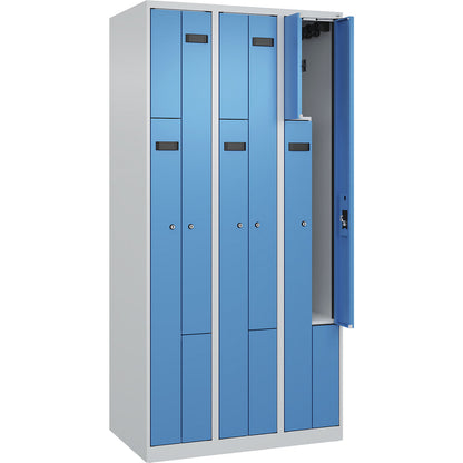 Evolo PLUS Z-locker, 3 compartments, light grey / light blue, W 900 mm, 6 compartments, with floor glides, cylinder lock.
