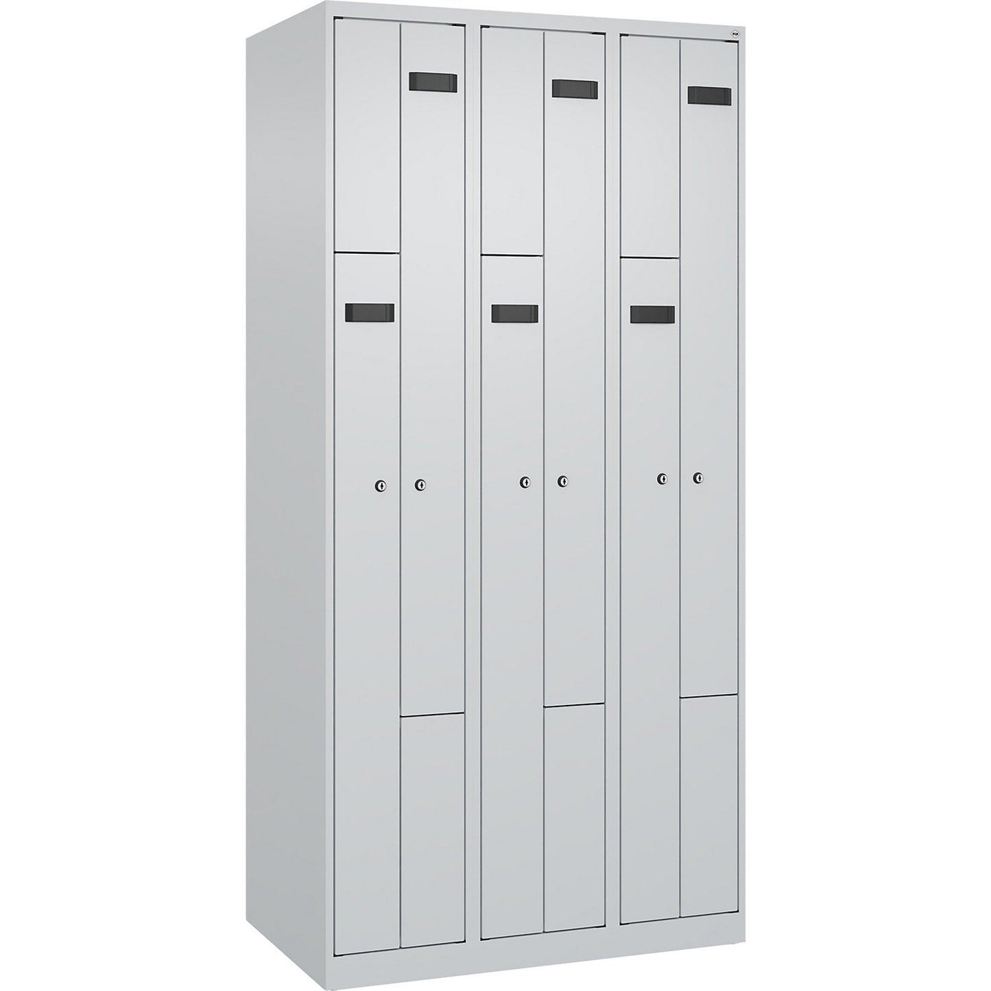 Evolo PLUS Z-locker, 3 compartments, light grey, W 900 mm, 6 compartments, with floor glides, cylinder lock.