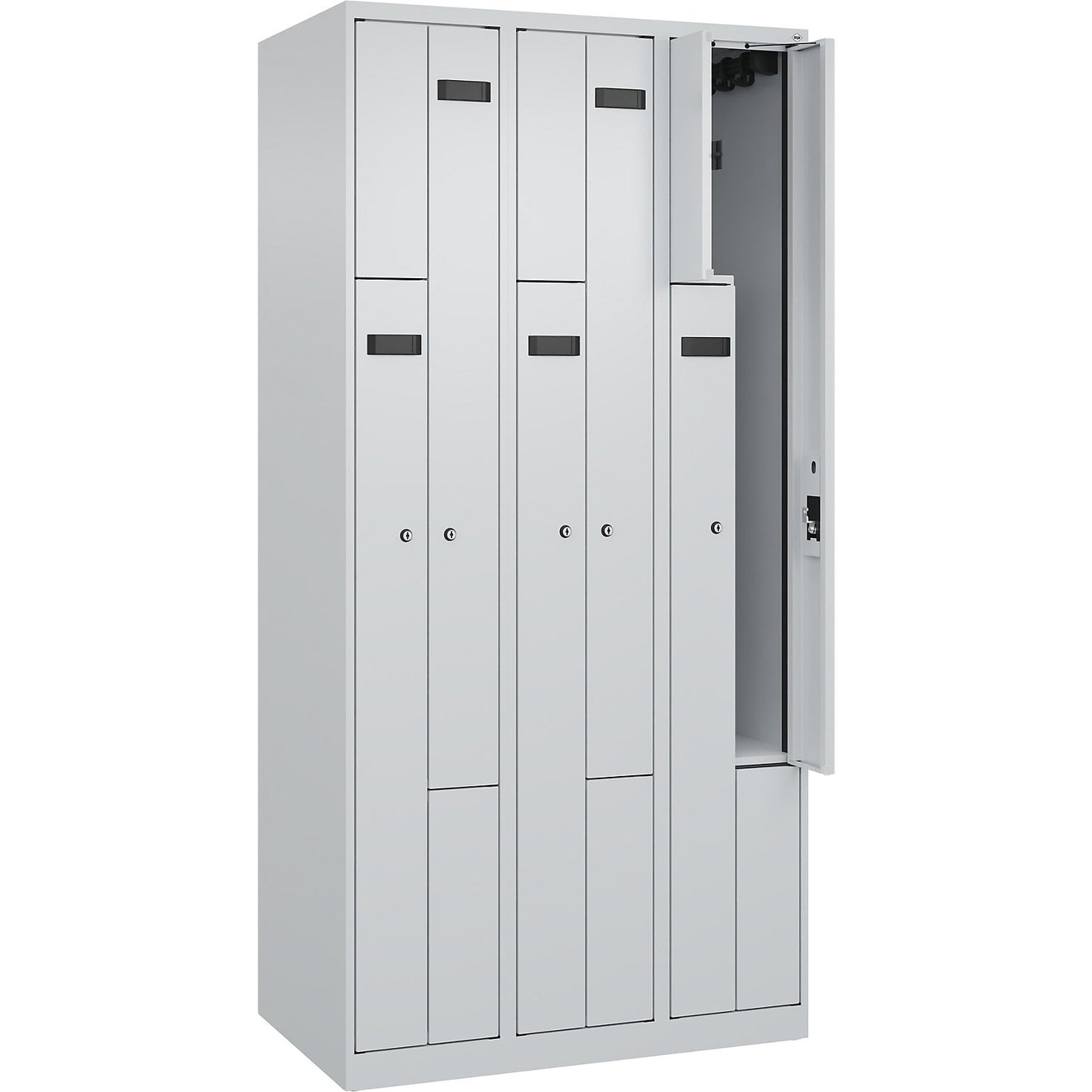 Evolo PLUS Z-locker, 3 compartments, light grey, W 900 mm, 6 compartments, with floor glides, cylinder lock.