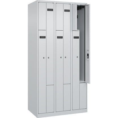 Evolo PLUS Z-locker, 3 compartments, light grey, W 900 mm, 6 compartments, with floor glides, cylinder lock.