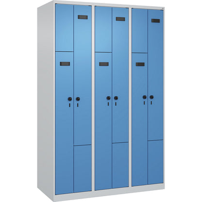 Evolo PLUS Z-locker, 3 compartments, light grey / light blue, W 1200 mm, 6 compartments, with floor glides, security rotary bolt.