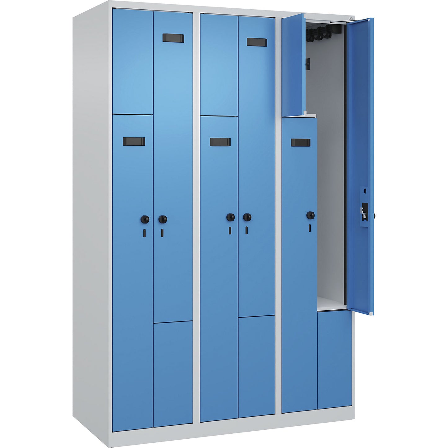 Evolo PLUS Z-locker, 3 compartments, light grey / light blue, W 1200 mm, 6 compartments, with floor glides, security rotary bolt.