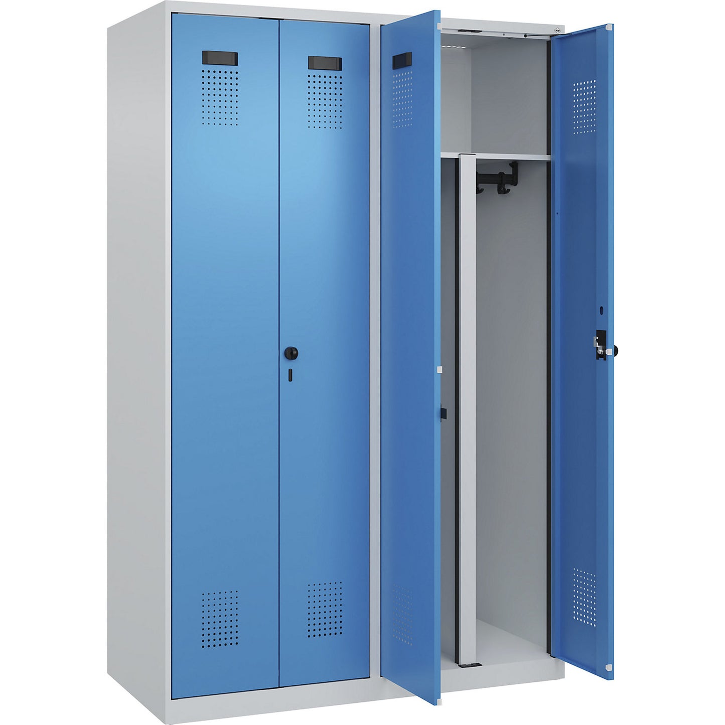 Evolo PLUS clean and dirty locker, 2 compartments, shortened centre divider, light grey / light blue, W 1200 mm, with floor glides, security rotary bolt.