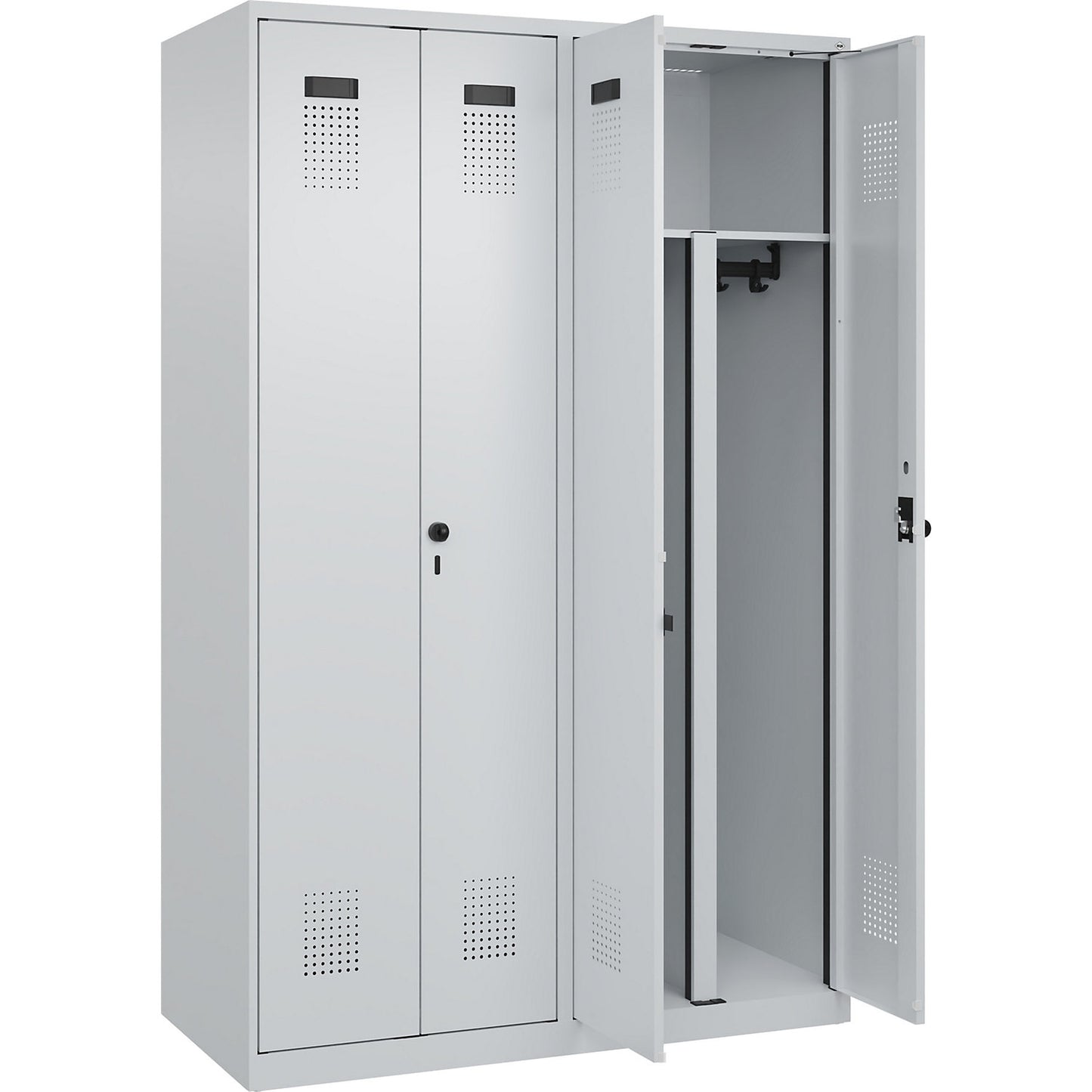 Evolo PLUS clean and dirty locker, 2 compartments, shortened centre divider, light grey, W 1200 mm, with floor glides, security rotary bolt.