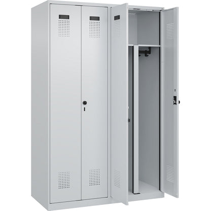 Evolo PLUS clean and dirty locker, 2 compartments, shortened centre divider, light grey, W 1200 mm, with floor glides, security rotary bolt.