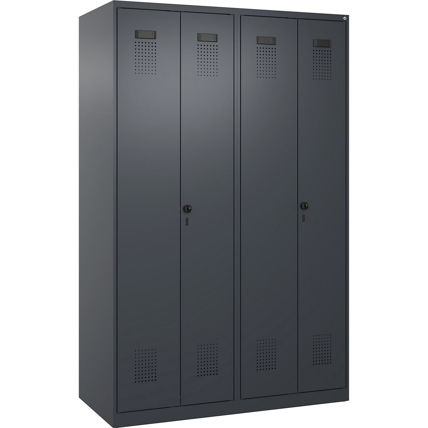 Evolo PLUS clean and dirty locker, 2 compartments, shortened centre divider, grey, W 1200 mm, with floor glides, security rotary bolt.