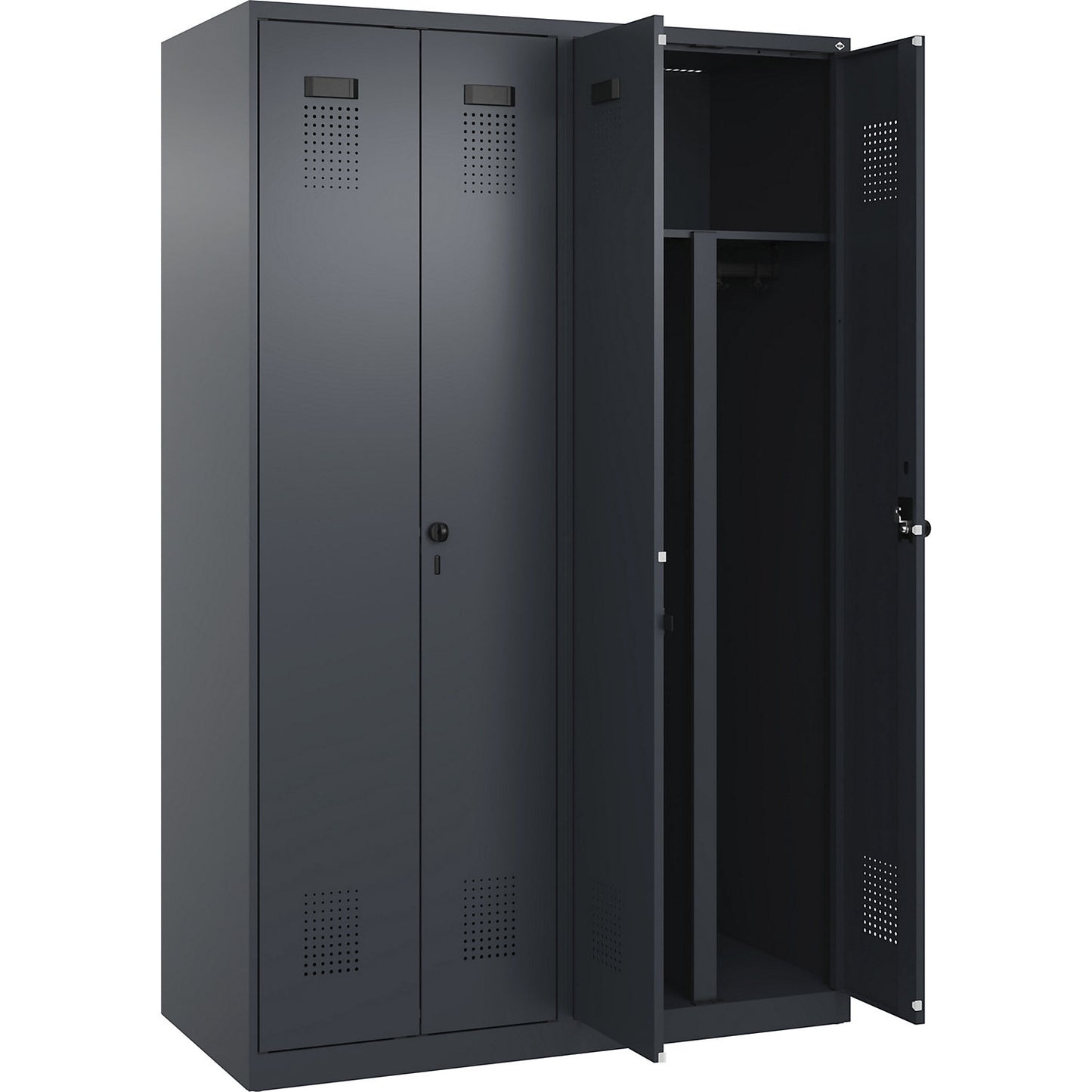 Evolo PLUS clean and dirty locker, 2 compartments, shortened centre divider, grey, W 1200 mm, with floor glides, security rotary bolt.