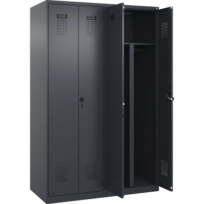 Evolo PLUS clean and dirty locker, 2 compartments, shortened centre divider, grey, W 1200 mm, with floor glides, security rotary bolt.