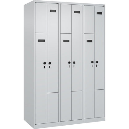 Evolo PLUS Z-locker, 3 compartments, light grey, W 1200 mm, 6 compartments, with floor glides, security rotary bolt.