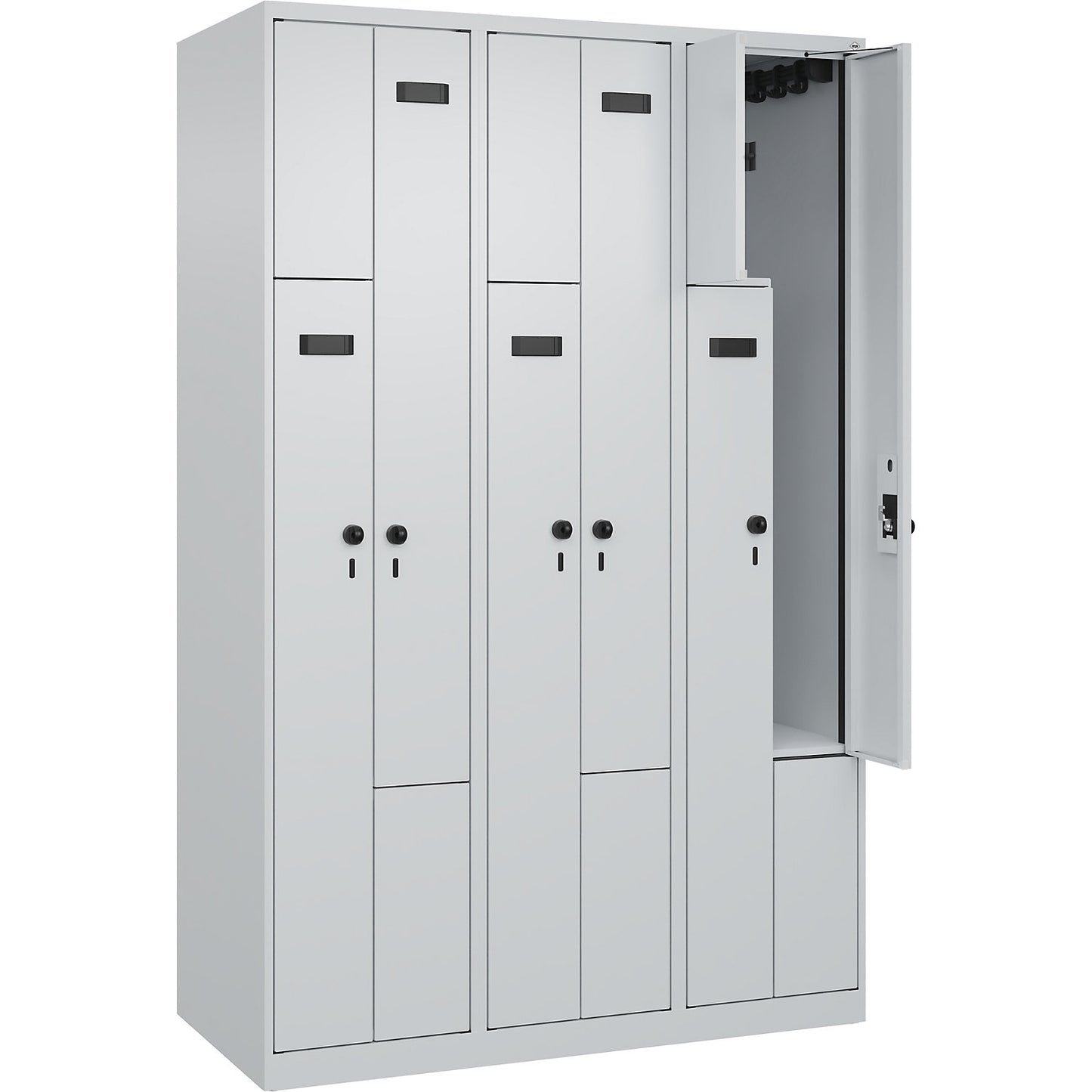 Evolo PLUS Z-locker, 3 compartments, light grey, W 1200 mm, 6 compartments, with floor glides, security rotary bolt.