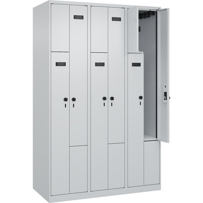 Evolo PLUS Z-locker, 3 compartments, light grey, W 1200 mm, 6 compartments, with floor glides, security rotary bolt.