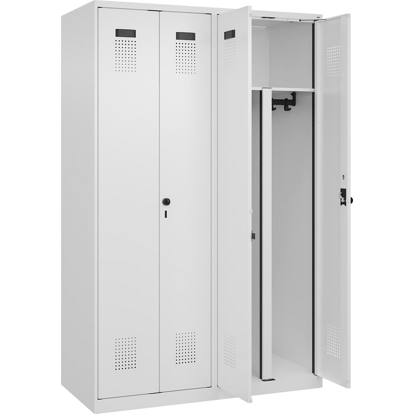 Evolo PLUS clean and dirty locker, 2 compartments, shortened centre divider, white, W 1200 mm, with floor glides, security rotary bolt.