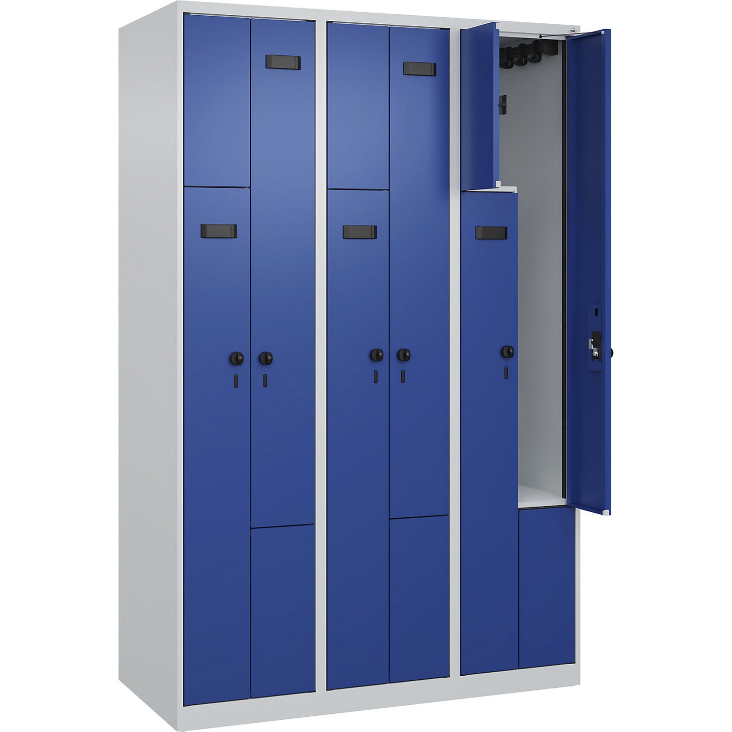 Evolo PLUS Z-locker, 3 compartments, light grey / gentian blue, W 1200 mm, 6 compartments, with floor glides, security rotary bolt.