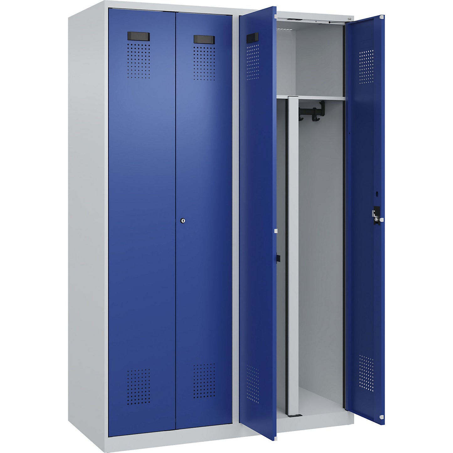 Evolo PLUS clean and dirty locker, 2 compartments, shortened centre divider, light grey / gentian blue, W 1200 mm, with floor glides, cylinder lock.