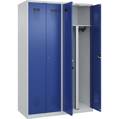 Evolo PLUS clean and dirty locker, 2 compartments, shortened centre divider, light grey / gentian blue, W 1200 mm, with floor glides, cylinder lock.