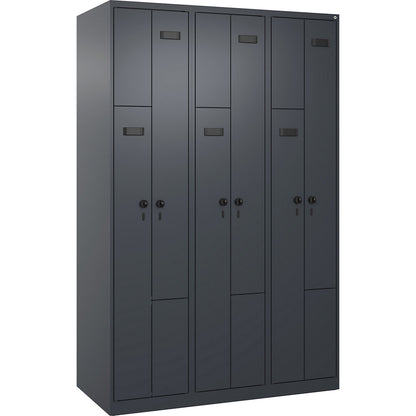 Evolo PLUS Z-locker, 3 compartments, grey, W 1200 mm, 6 compartments, with floor glides, security rotary bolt.