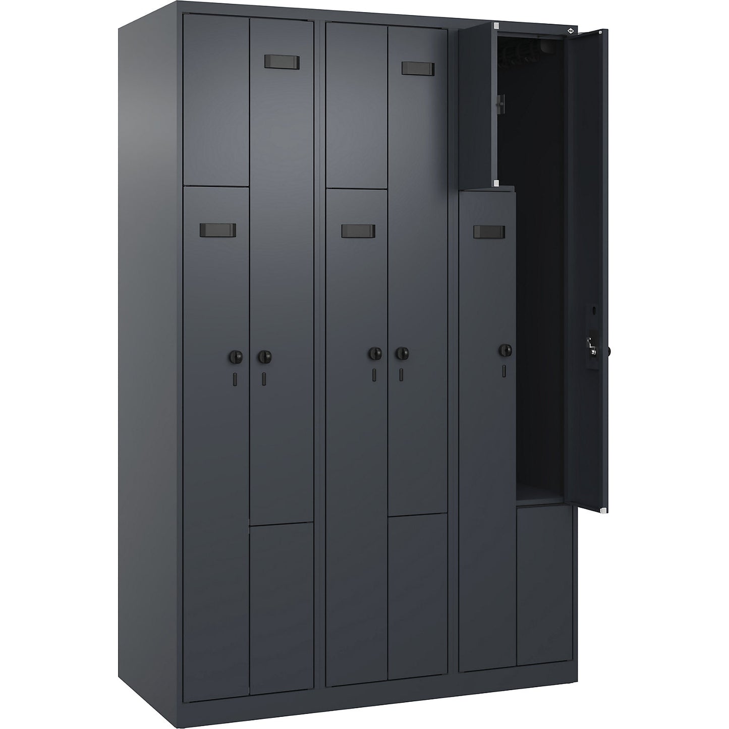 Evolo PLUS Z-locker, 3 compartments, grey, W 1200 mm, 6 compartments, with floor glides, security rotary bolt.