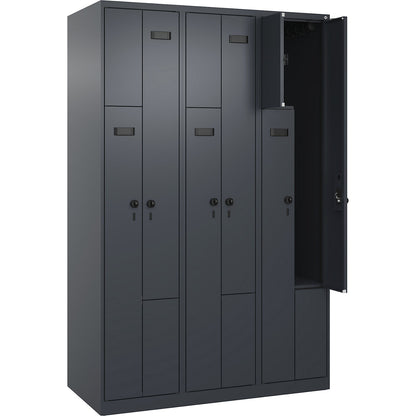 Evolo PLUS Z-locker, 3 compartments, grey, W 1200 mm, 6 compartments, with floor glides, security rotary bolt.