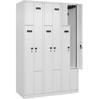 Evolo PLUS Z-locker, 3 compartments, white, W 1200 mm, 6 compartments, with floor glides, security rotary bolt.