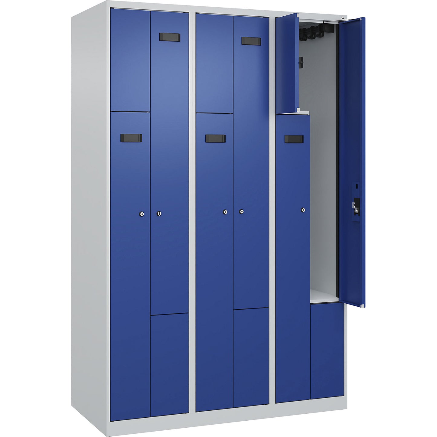 Evolo PLUS Z-locker, 3 compartments, light grey / gentian blue, W 1200 mm, 6 compartments, with floor glides, cylinder lock.