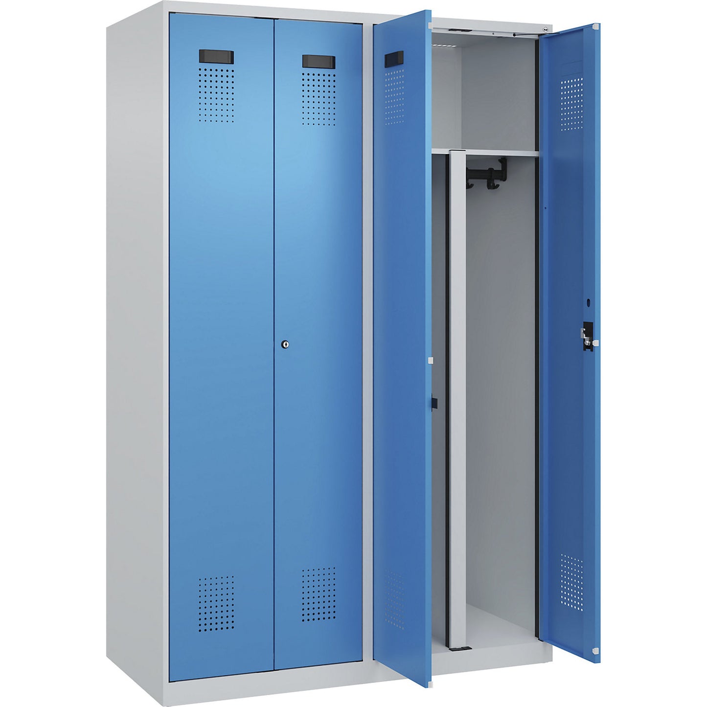 Evolo PLUS clean and dirty locker, 2 compartments, shortened centre divider, light grey / light blue, W 1200 mm, with floor glides, cylinder lock.