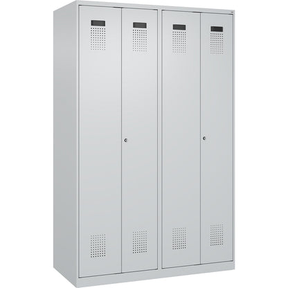 Evolo PLUS clean and dirty locker, 2 compartments, shortened centre divider, light grey, W 1200 mm, with floor glides, cylinder lock.