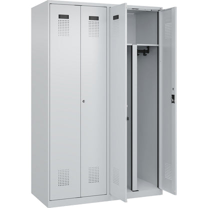 Evolo PLUS clean and dirty locker, 2 compartments, shortened centre divider, light grey, W 1200 mm, with floor glides, cylinder lock.