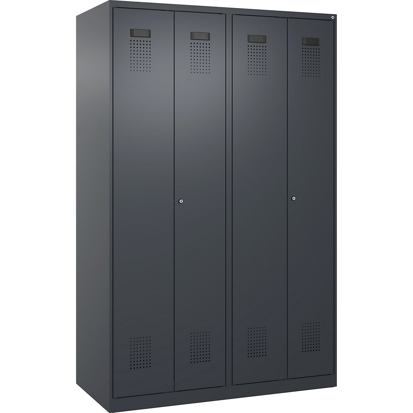 Evolo PLUS clean and dirty locker, 2 compartments, shortened centre divider, grey, W 1200 mm, with floor glides, cylinder lock.