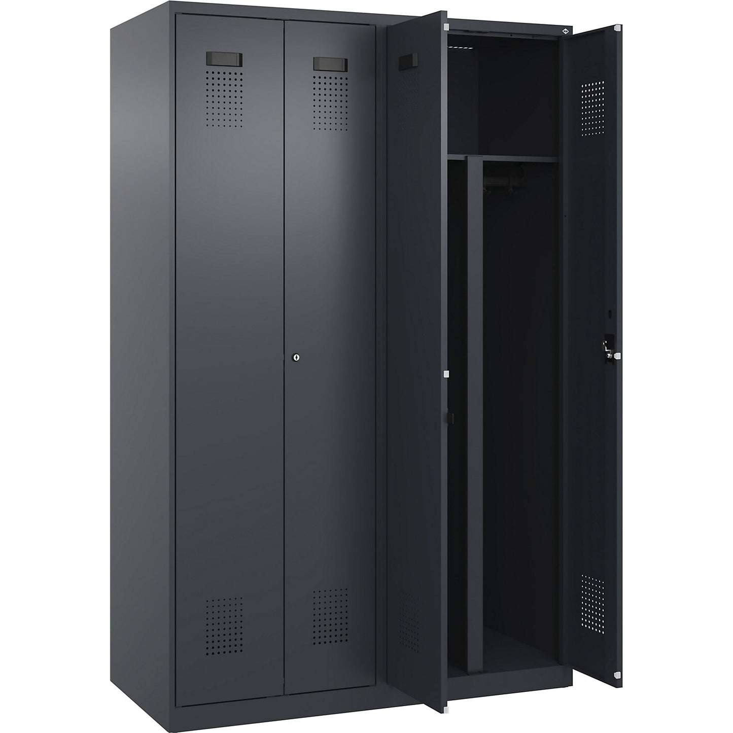 Evolo PLUS clean and dirty locker, 2 compartments, shortened centre divider, grey, W 1200 mm, with floor glides, cylinder lock.