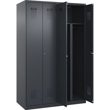 Evolo PLUS clean and dirty locker, 2 compartments, shortened centre divider, grey, W 1200 mm, with floor glides, cylinder lock.
