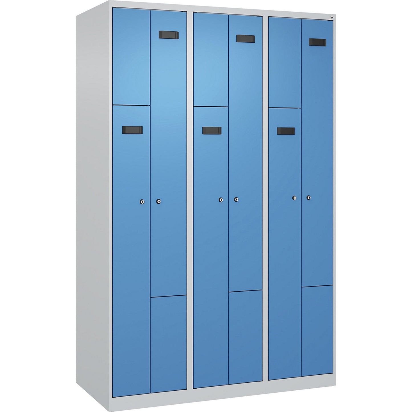 Evolo PLUS Z-locker, 3 compartments, light grey / light blue, W 1200 mm, 6 compartments, with floor glides, cylinder lock.