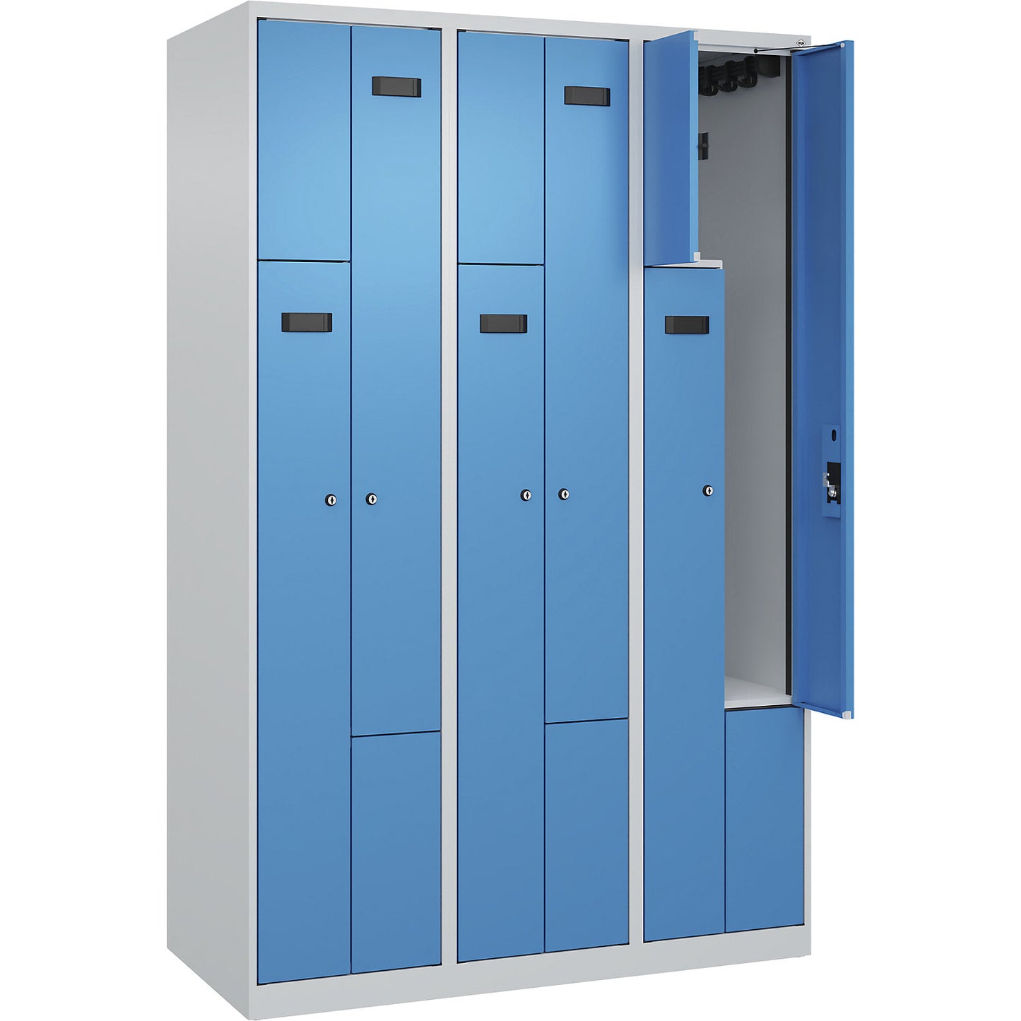 Evolo PLUS Z-locker, 3 compartments, light grey / light blue, W 1200 mm, 6 compartments, with floor glides, cylinder lock.