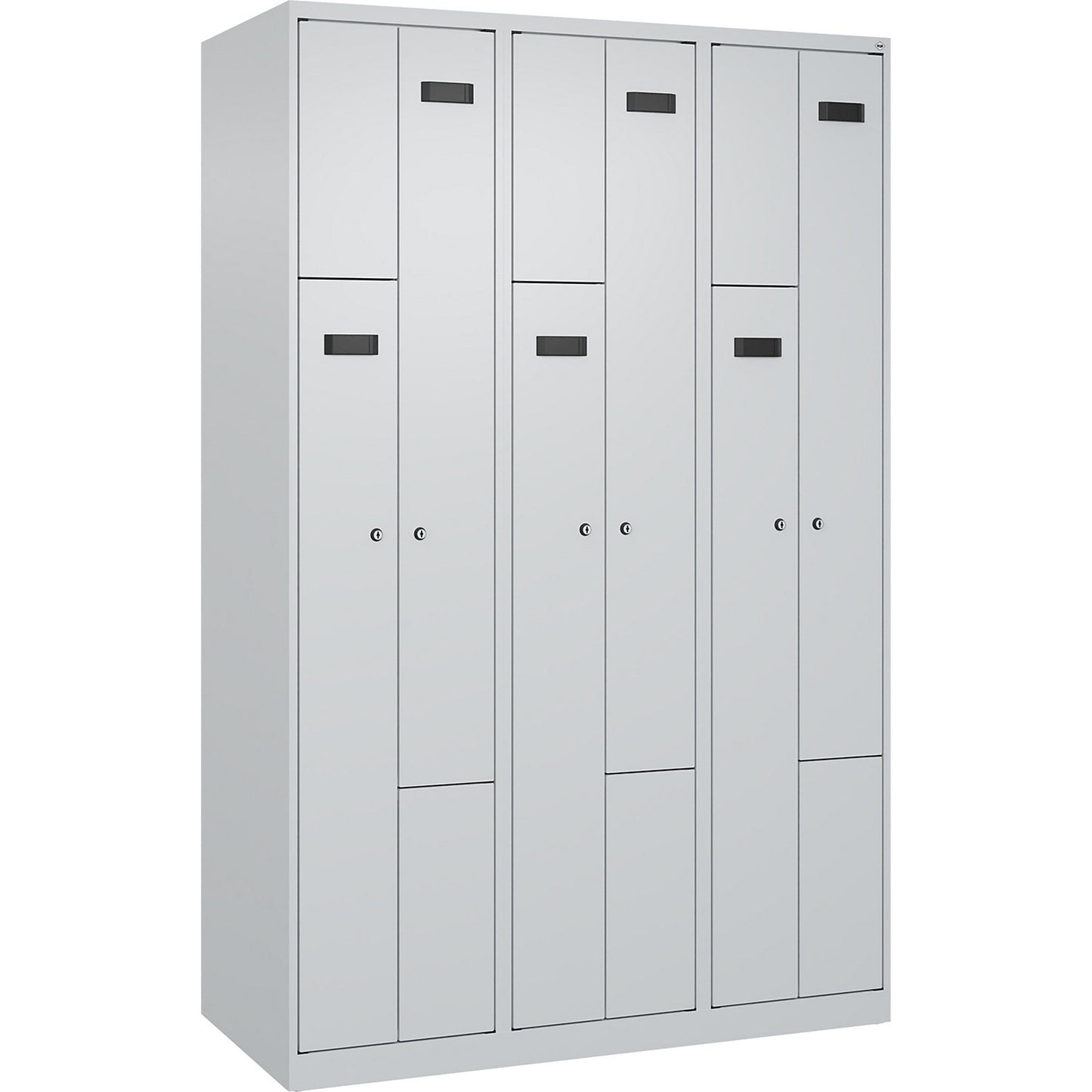 Evolo PLUS Z-locker, 3 compartments, light grey, W 1200 mm, 6 compartments, with floor glides, cylinder lock.