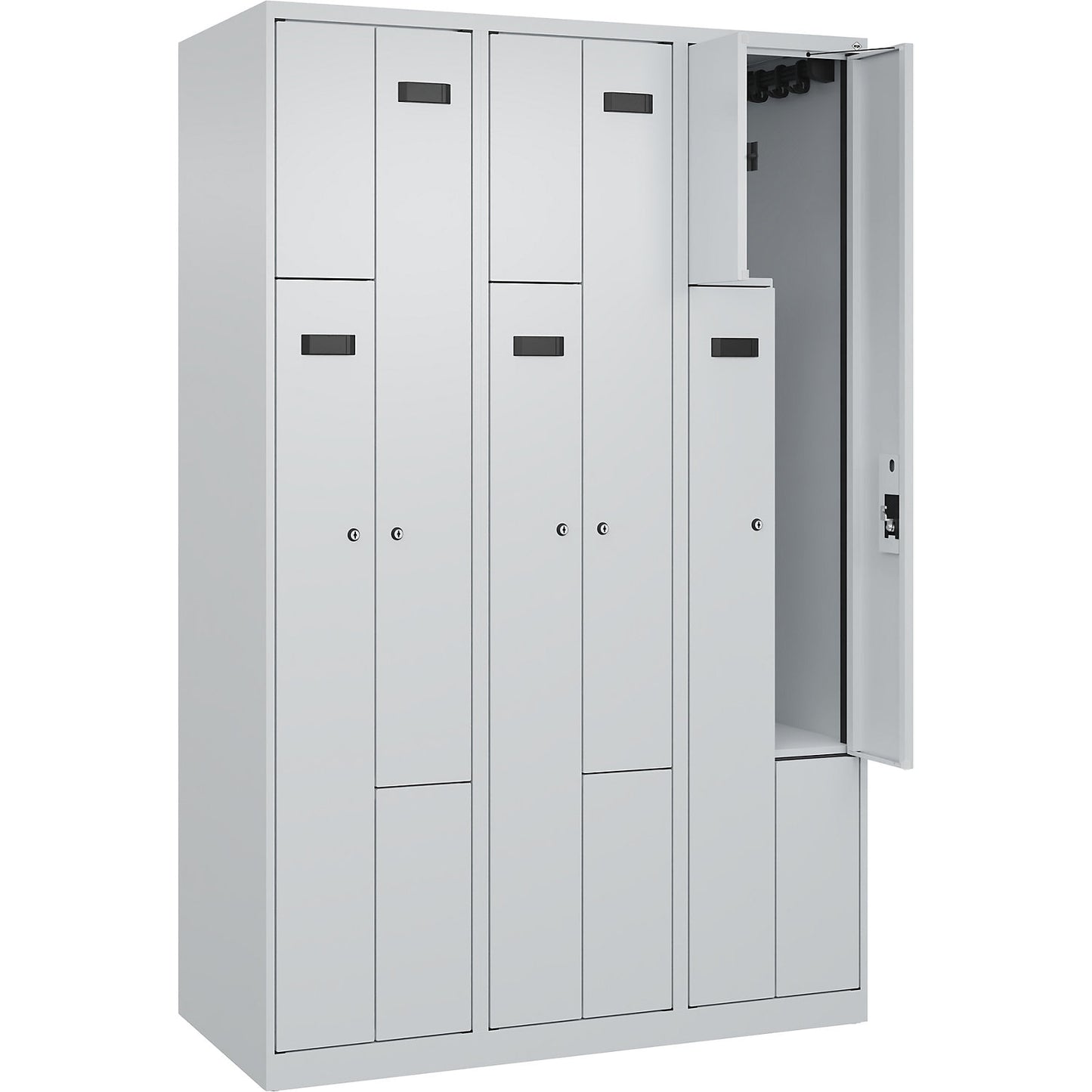 Evolo PLUS Z-locker, 3 compartments, light grey, W 1200 mm, 6 compartments, with floor glides, cylinder lock.