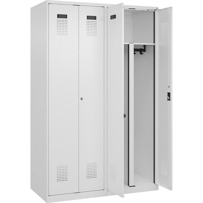 Evolo PLUS clean and dirty locker, 2 compartments, shortened centre divider, white, W 1200 mm, with floor glides, cylinder lock.
