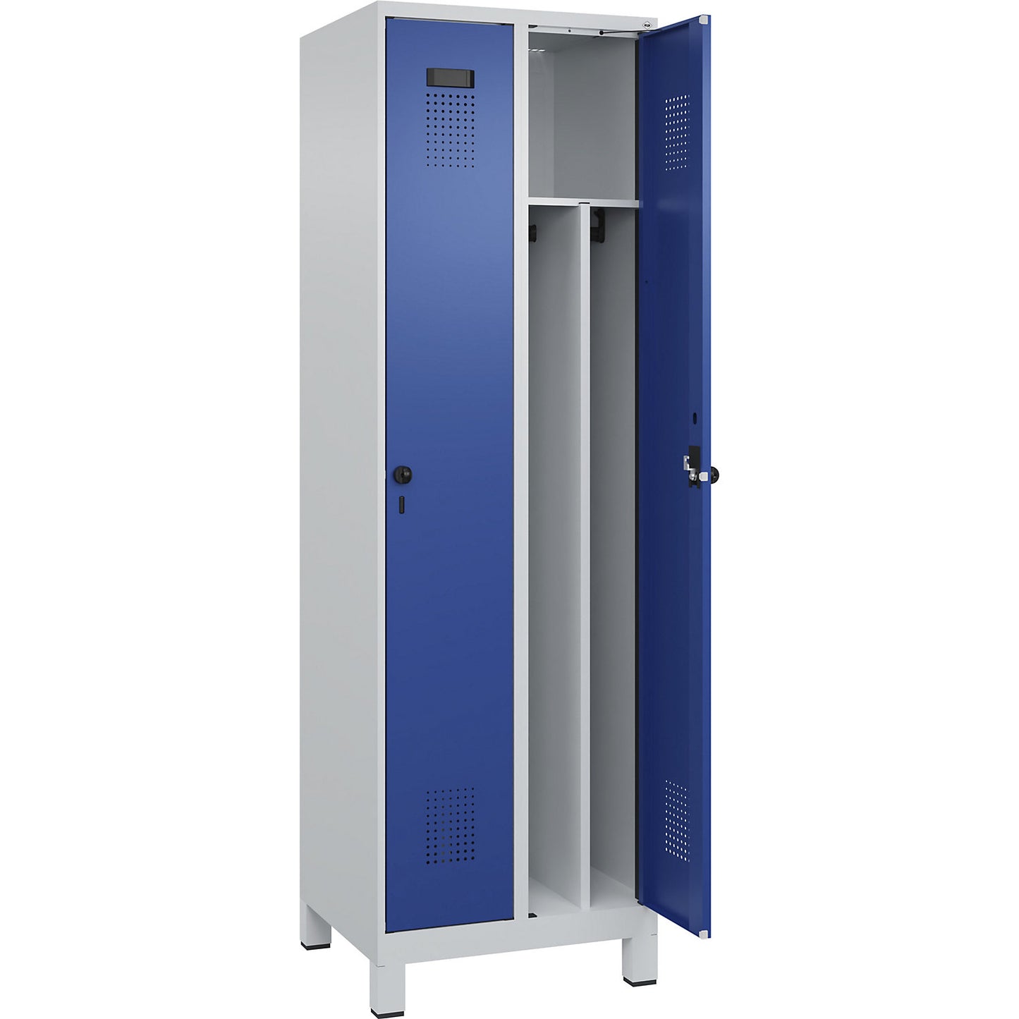 Evolo PLUS clean and dirty clothes locker, narrow, 2 compartments, shortened centre divider, light grey / gentian blue, W 600 mm, with wide feet, security rotary bolt.